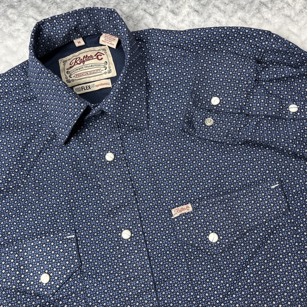 Rafter C Shirt Mens M Blue Geometric Medallion Pearl Snap Western Cowboy Premium